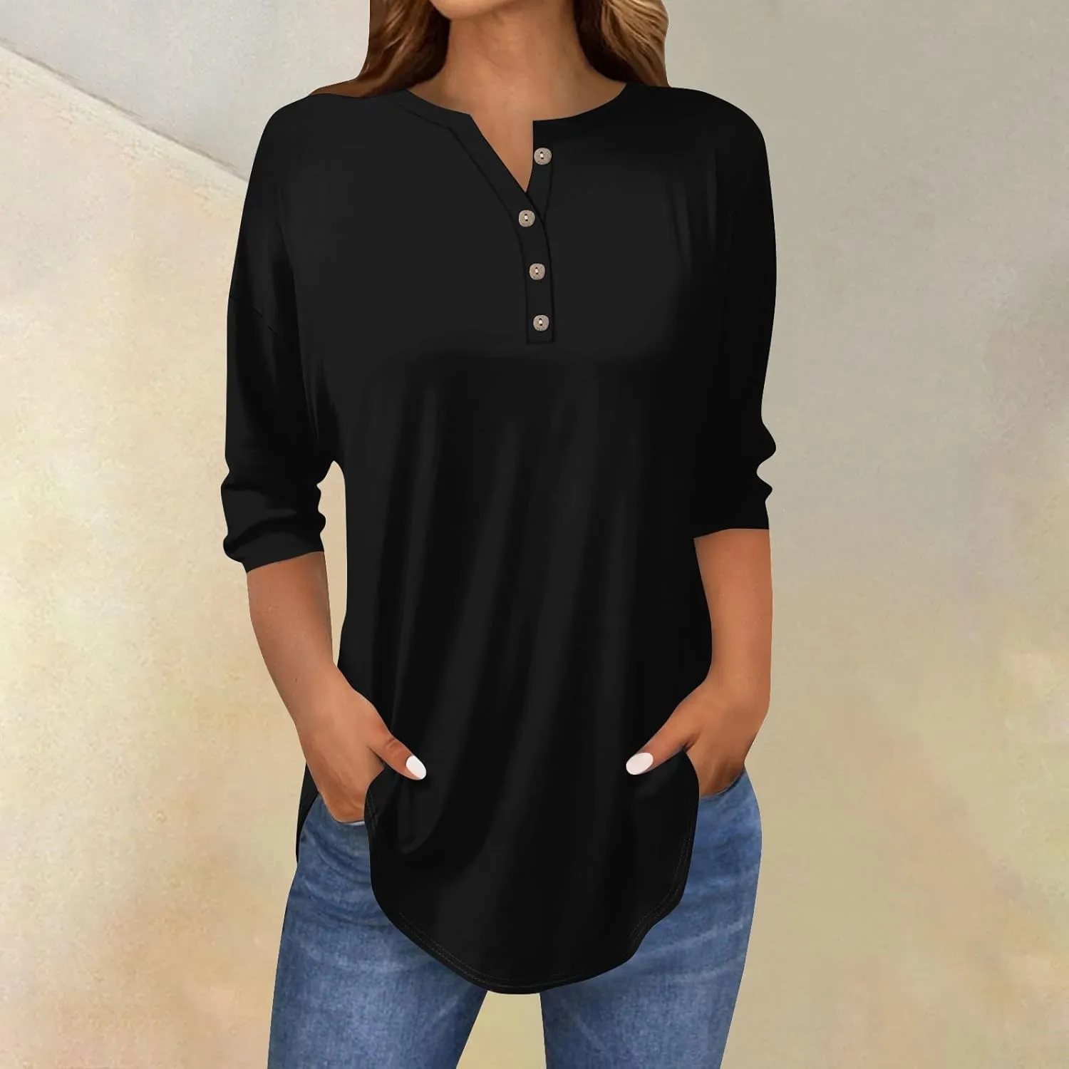 3/4 Length Sleeve Womens Tops 2025 Casual Henley Neck Petite Shirts Three Quarter Sleeve Tshirts