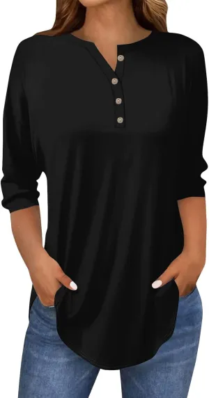 3/4 Length Sleeve Womens Tops 2025 Casual Henley Neck Petite Shirts Three Quarter Sleeve Tshirts