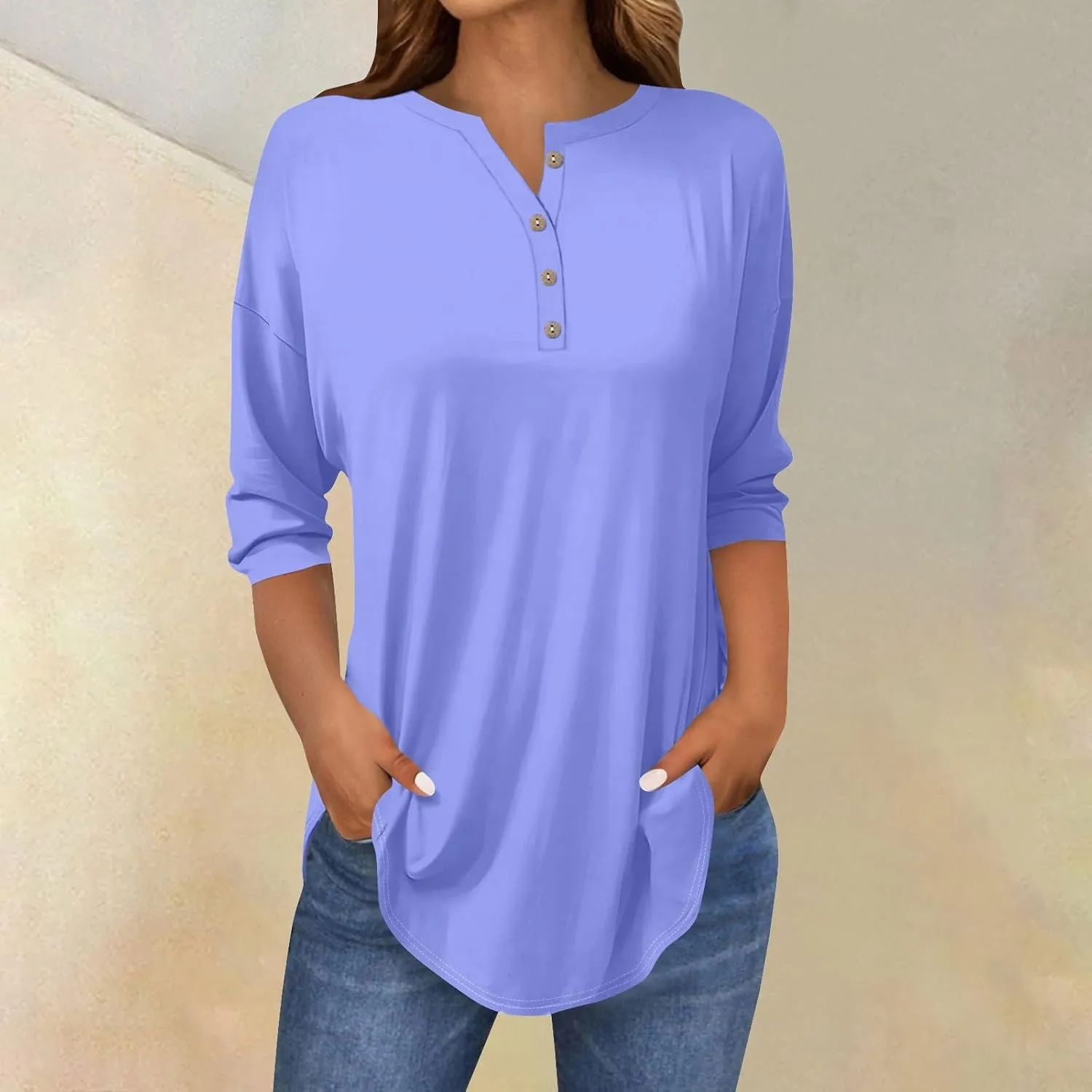 3/4 Length Sleeve Womens Tops 2025 Casual Henley Neck Petite Shirts Three Quarter Sleeve Tshirts