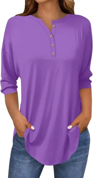3/4 Length Sleeve Womens Tops 2025 Casual Henley Neck Petite Shirts Three Quarter Sleeve Tshirts