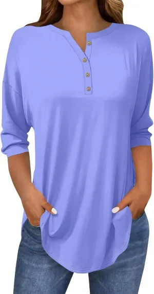 3/4 Length Sleeve Womens Tops 2025 Casual Henley Neck Petite Shirts Three Quarter Sleeve Tshirts