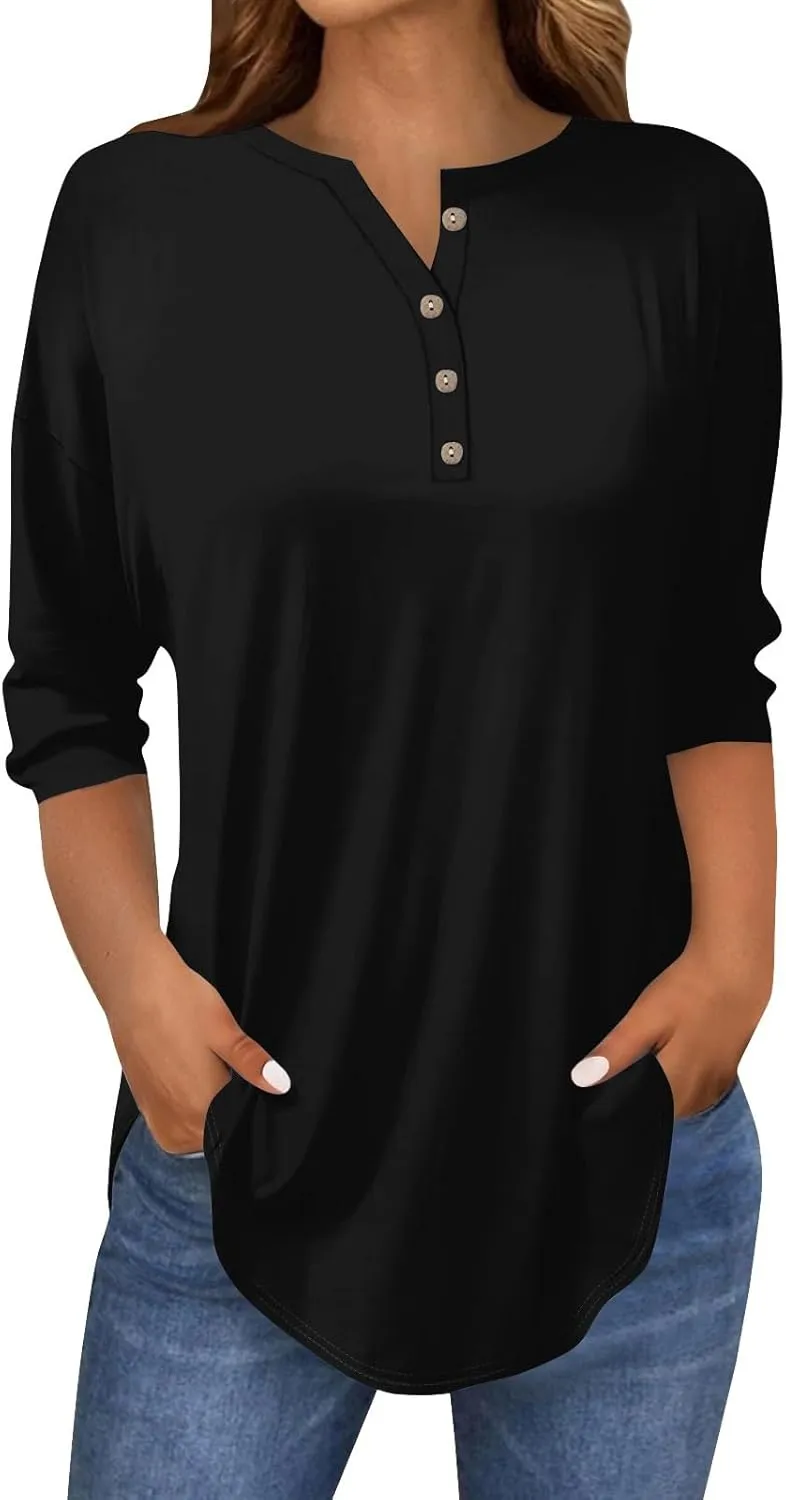 3/4 Length Sleeve Womens Tops 2025 Casual Henley Neck Petite Shirts Three Quarter Sleeve Tshirts
