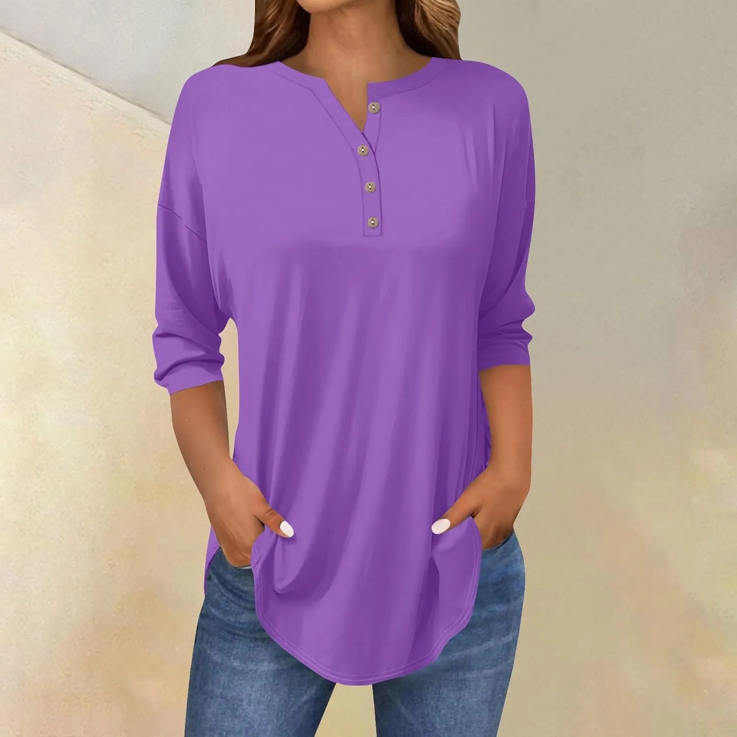 3/4 Length Sleeve Womens Tops 2025 Casual Henley Neck Petite Shirts Three Quarter Sleeve Tshirts