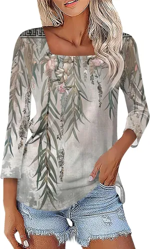 3/4 Length Sleeve Womens Tops Square Neck Casual Cute Shirts Three Quarter Length Dressy Blouses Workout Tunic Tops