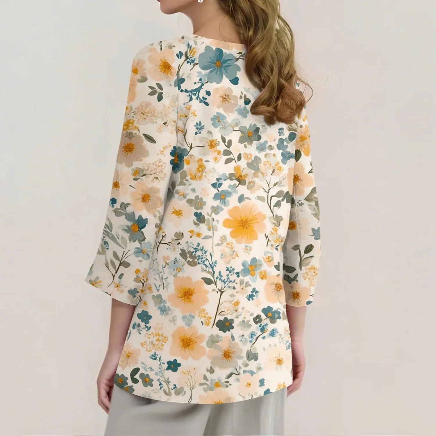 3/4 Sleeve Tops for Women 2025 Summer Casual Scoop Neck Boho Floral Tops for Women Business Work Blouses