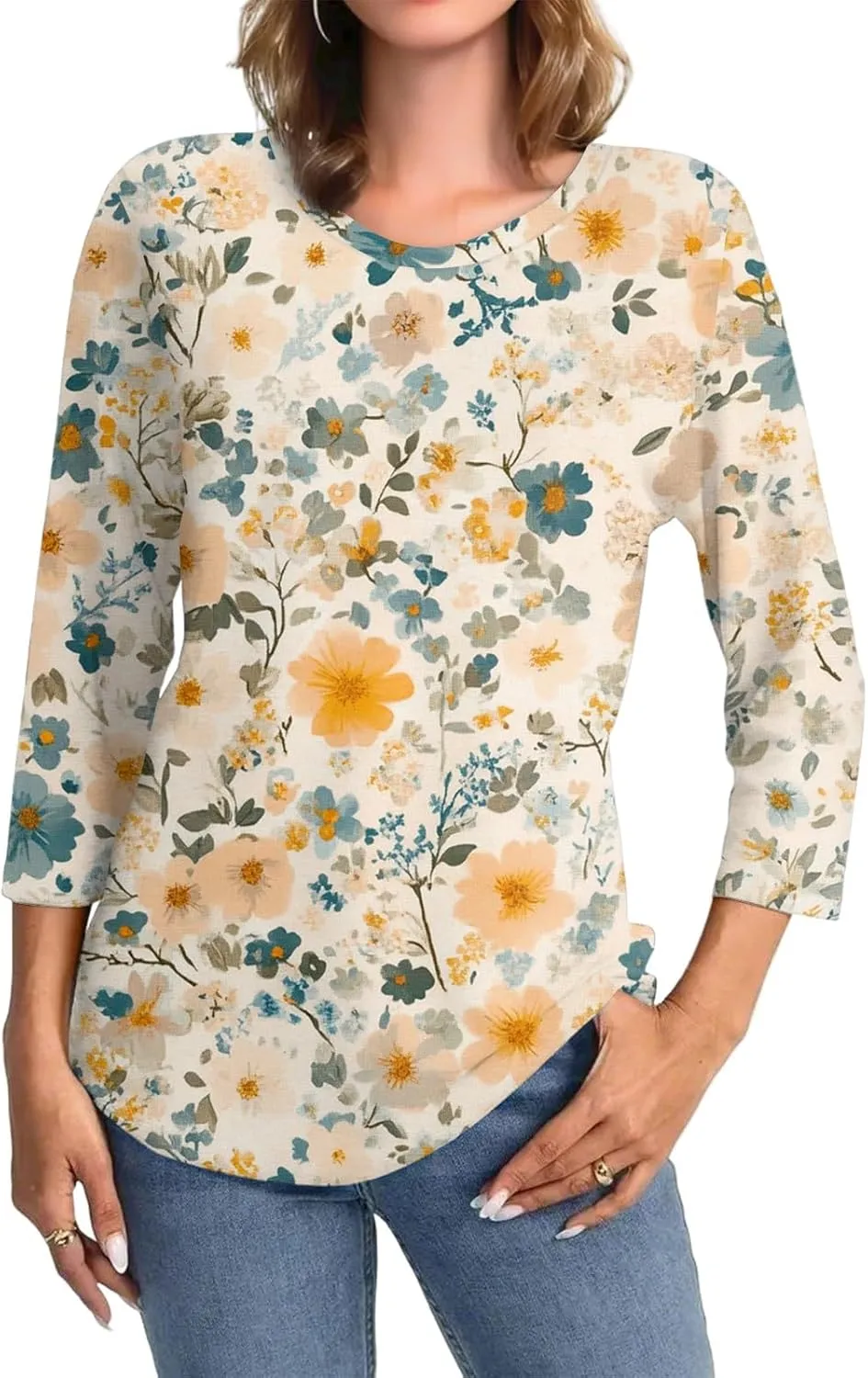 3/4 Sleeve Tops for Women 2025 Summer Casual Scoop Neck Boho Floral Tops for Women Business Work Blouses