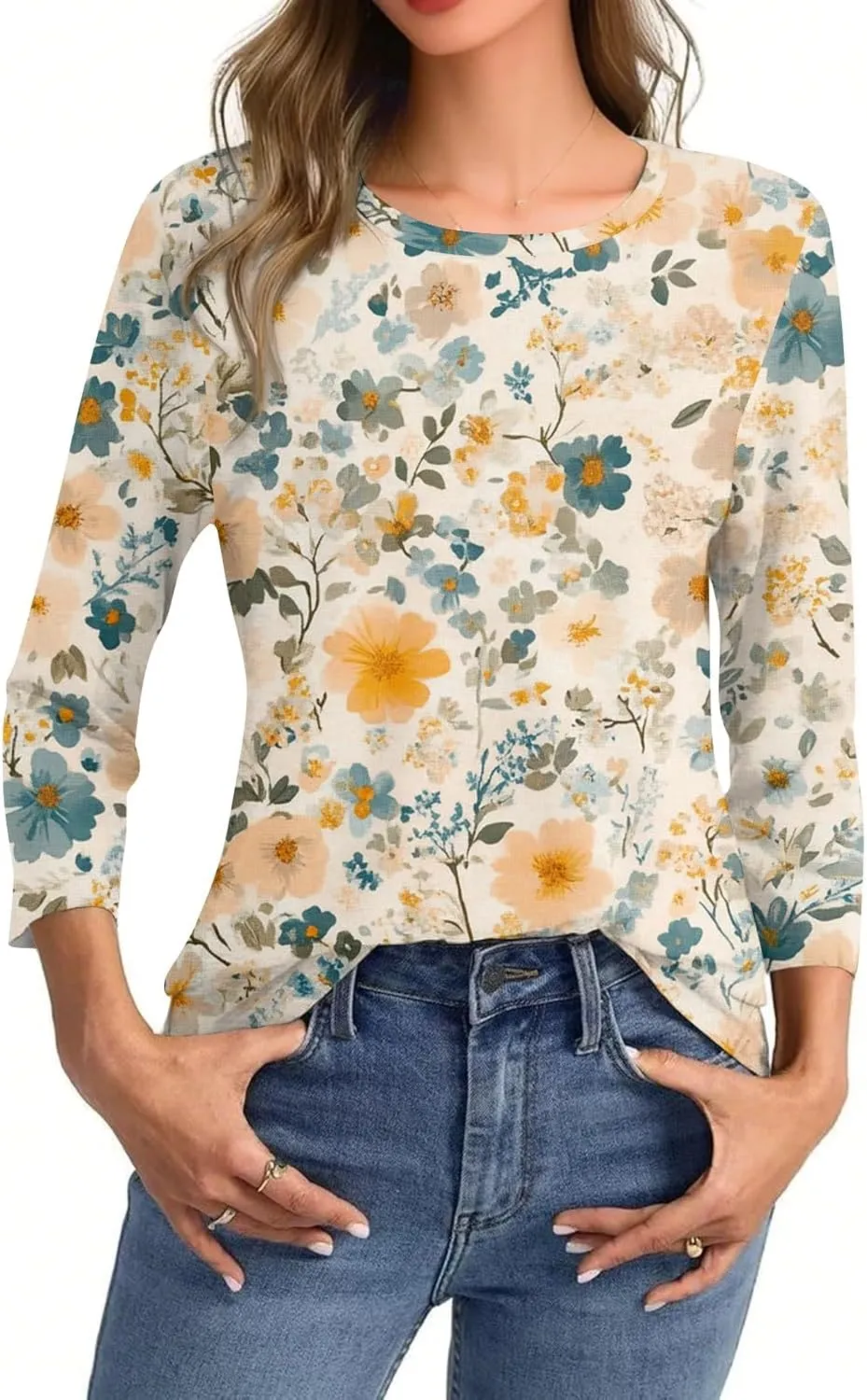 3/4 Sleeve Tops for Women 2025 Summer Casual Scoop Neck Boho Floral Tops for Women Business Work Blouses