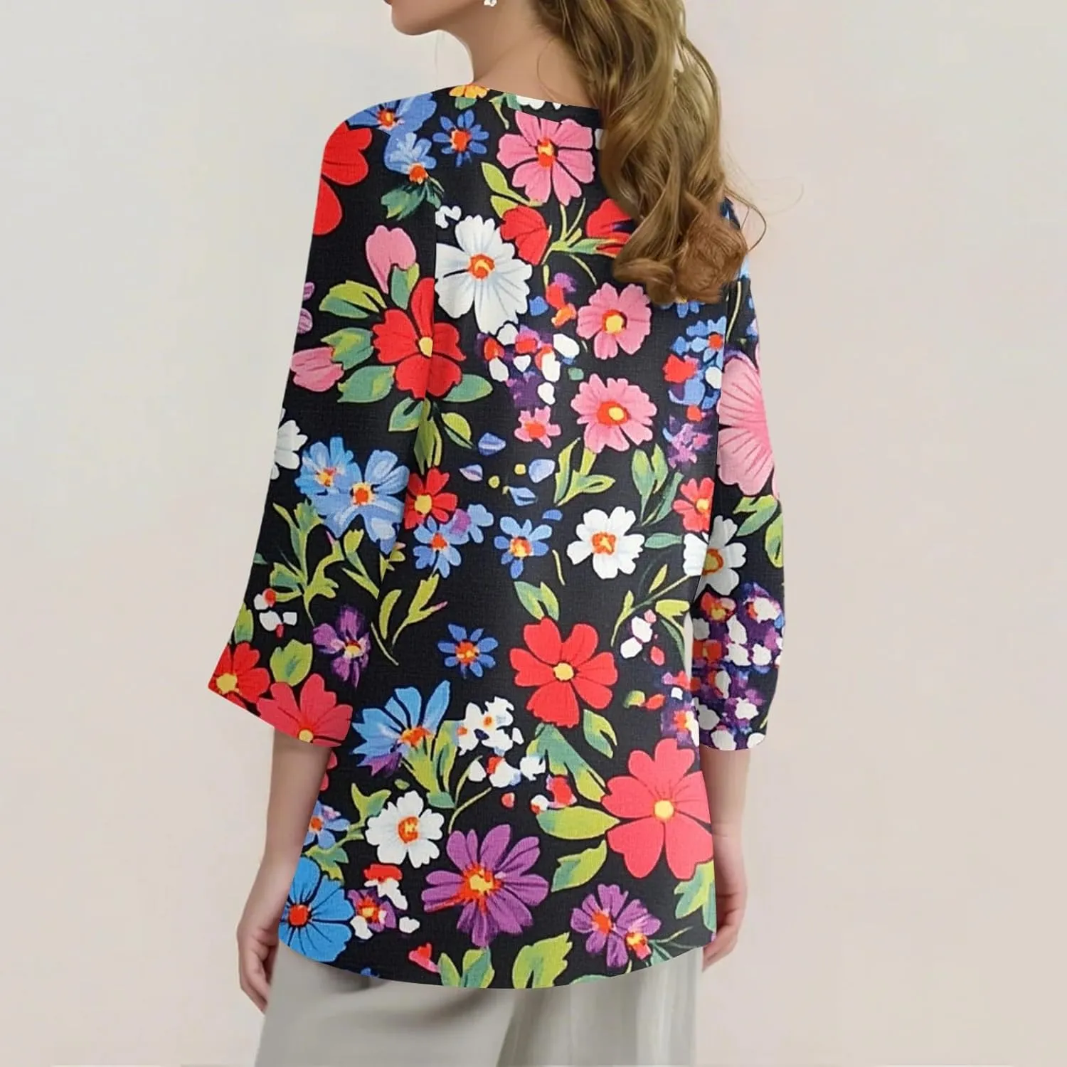 3/4 Sleeve Tops for Women 2025 Summer Casual Scoop Neck Boho Floral Tops for Women Business Work Blouses