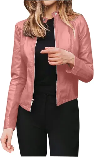 5665 Womens Winter Leather Jackets Black Zip Motorcycle Jacket Quilted Lightweight Coat Vegan Pu Leather Outerwear