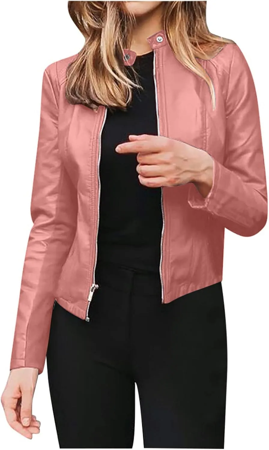 5665 Womens Winter Leather Jackets Black Zip Motorcycle Jacket Quilted Lightweight Coat Vegan Pu Leather Outerwear