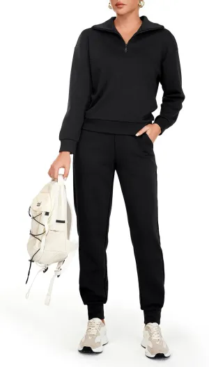 AFITNE Women's 2 Piece Outfits Sweatsuits Long Sleeve Tracksuit Casual Lapel Half Zip Sweatshirt Joggers Sweatpants Set