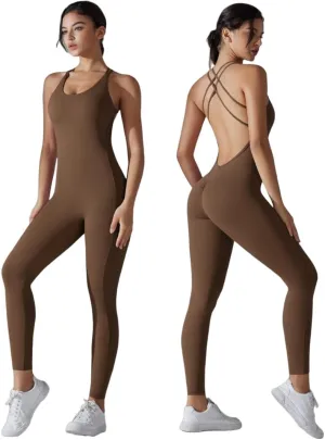 ALisasin Seamless Yoga Jumpsuits Skinny Sports Peach Buttocks Outdoor Running Fitness Jumpsuits Backless Gym sets for Women