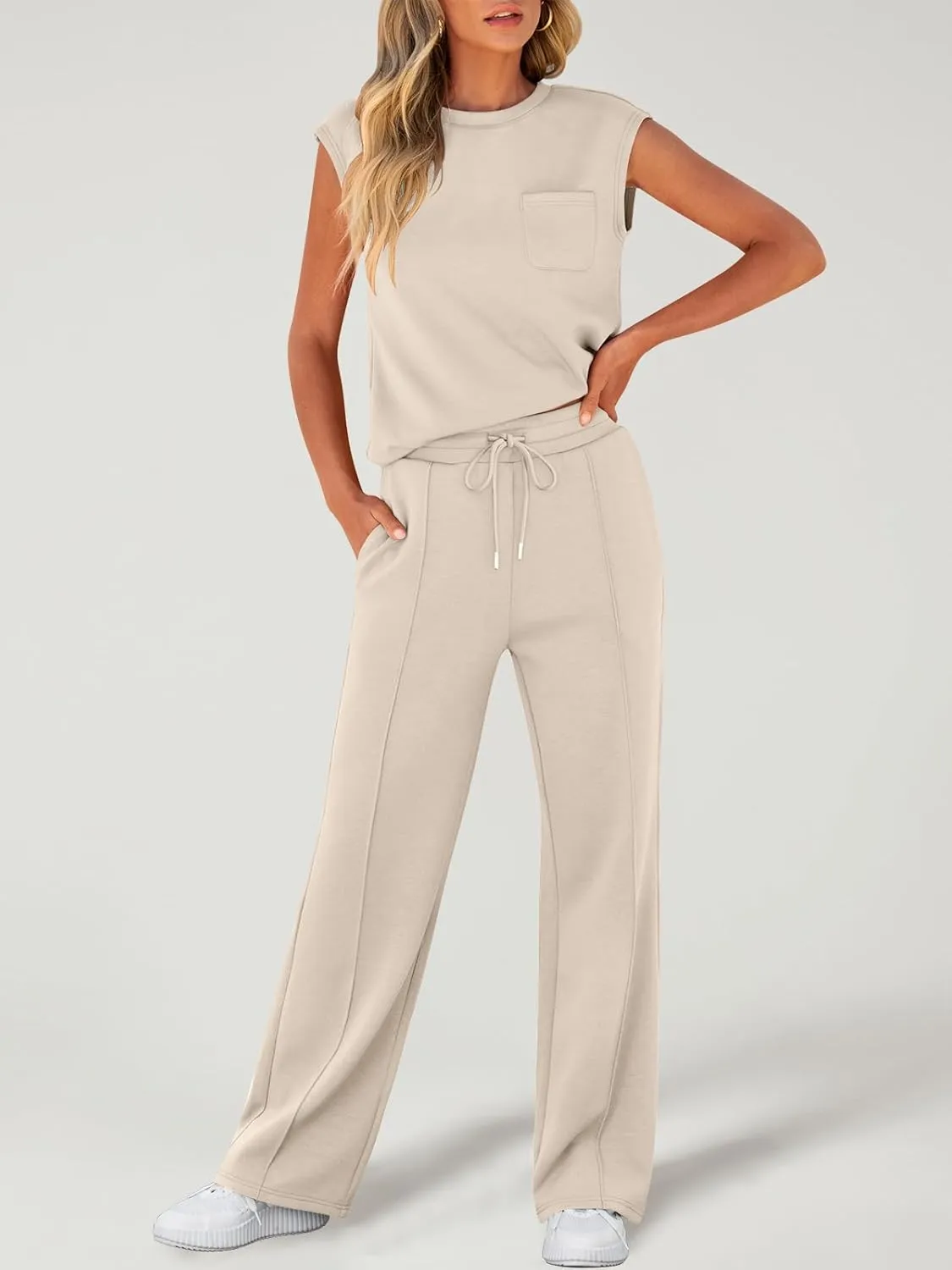 ANRABESS Two Piece Sets for Women Summer Sleeveless Sweatsuits Wide Leg Casual Lounge Set Matching Vacation Travel Outfits