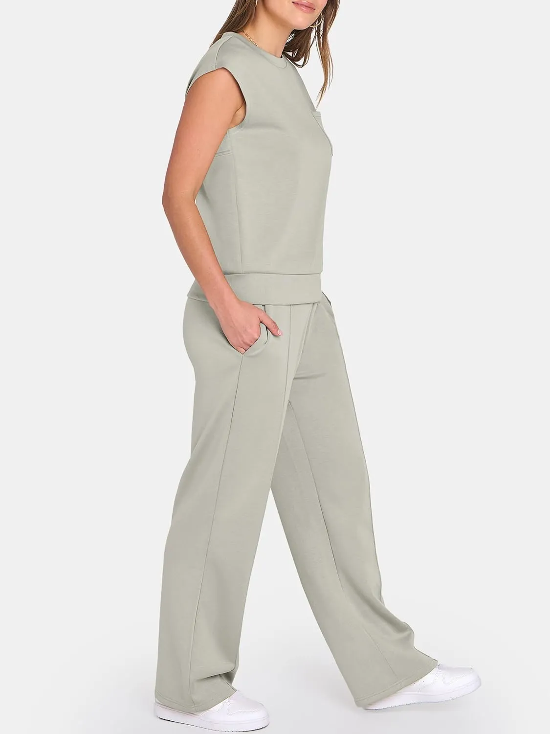 ANRABESS Two Piece Sets for Women Summer Sleeveless Sweatsuits Wide Leg Casual Lounge Set Matching Vacation Travel Outfits