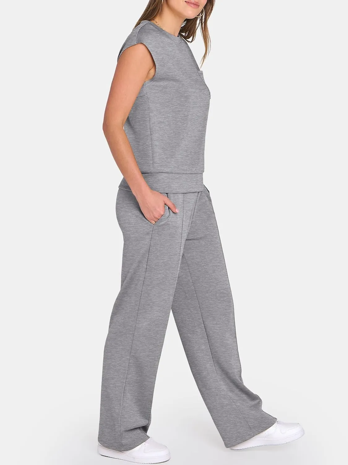 ANRABESS Two Piece Sets for Women Summer Sleeveless Sweatsuits Wide Leg Casual Lounge Set Matching Vacation Travel Outfits