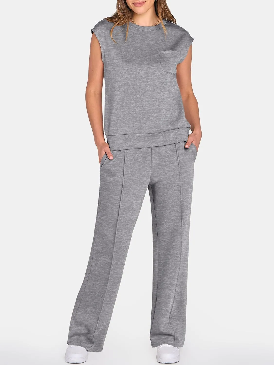 ANRABESS Two Piece Sets for Women Summer Sleeveless Sweatsuits Wide Leg Casual Lounge Set Matching Vacation Travel Outfits