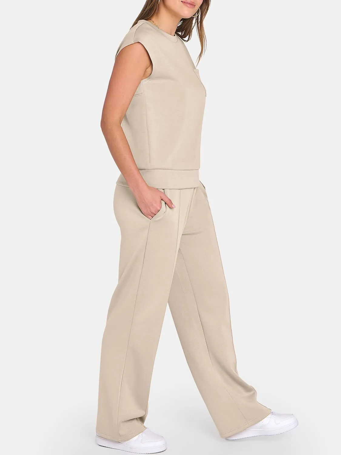ANRABESS Two Piece Sets for Women Summer Sleeveless Sweatsuits Wide Leg Casual Lounge Set Matching Vacation Travel Outfits