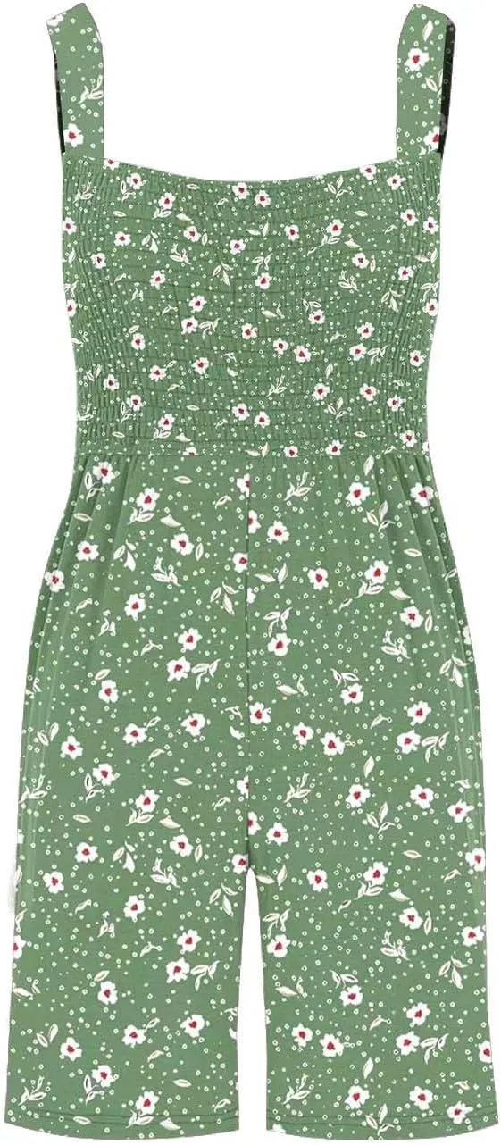 Boho Rompers for Women Sleeveless Smocked Jumpsuit Summer Beach Overalls Square Neck Jumper with Pockets Cruisewear