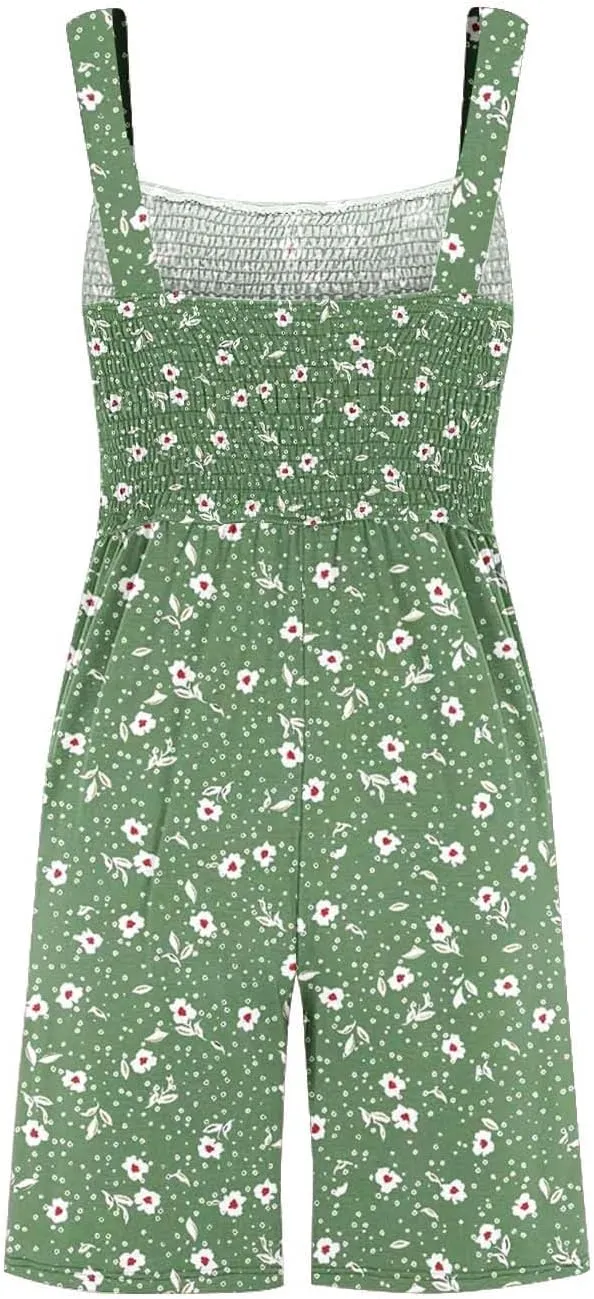 Boho Rompers for Women Sleeveless Smocked Jumpsuit Summer Beach Overalls Square Neck Jumper with Pockets Cruisewear