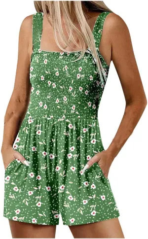 Boho Rompers for Women Sleeveless Smocked Jumpsuit Summer Beach Overalls Square Neck Jumper with Pockets Cruisewear