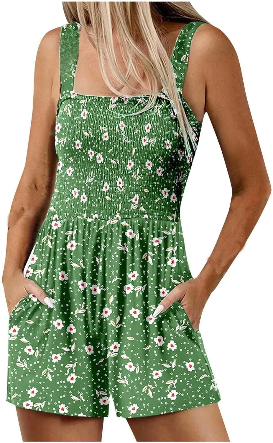 Boho Rompers for Women Sleeveless Smocked Jumpsuit Summer Beach Overalls Square Neck Jumper with Pockets Cruisewear