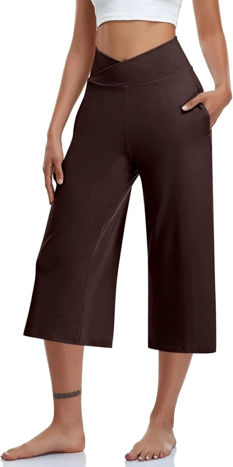 Capri Pants for Women Plus Size Elastic High Waisted Yoga Capris Summer Casual Loose Wide Leg Cropped Trousers