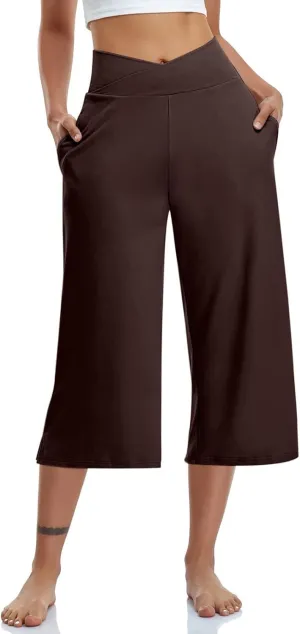Capri Pants for Women Plus Size Elastic High Waisted Yoga Capris Summer Casual Loose Wide Leg Cropped Trousers