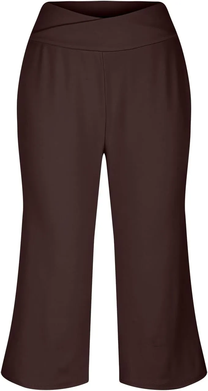 Capri Pants for Women Plus Size Elastic High Waisted Yoga Capris Summer Casual Loose Wide Leg Cropped Trousers