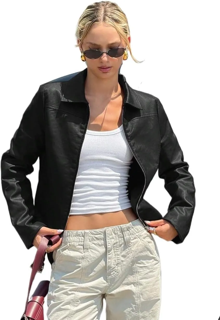 Casual jackets for women Black Casual Minimalist Leather Jacket