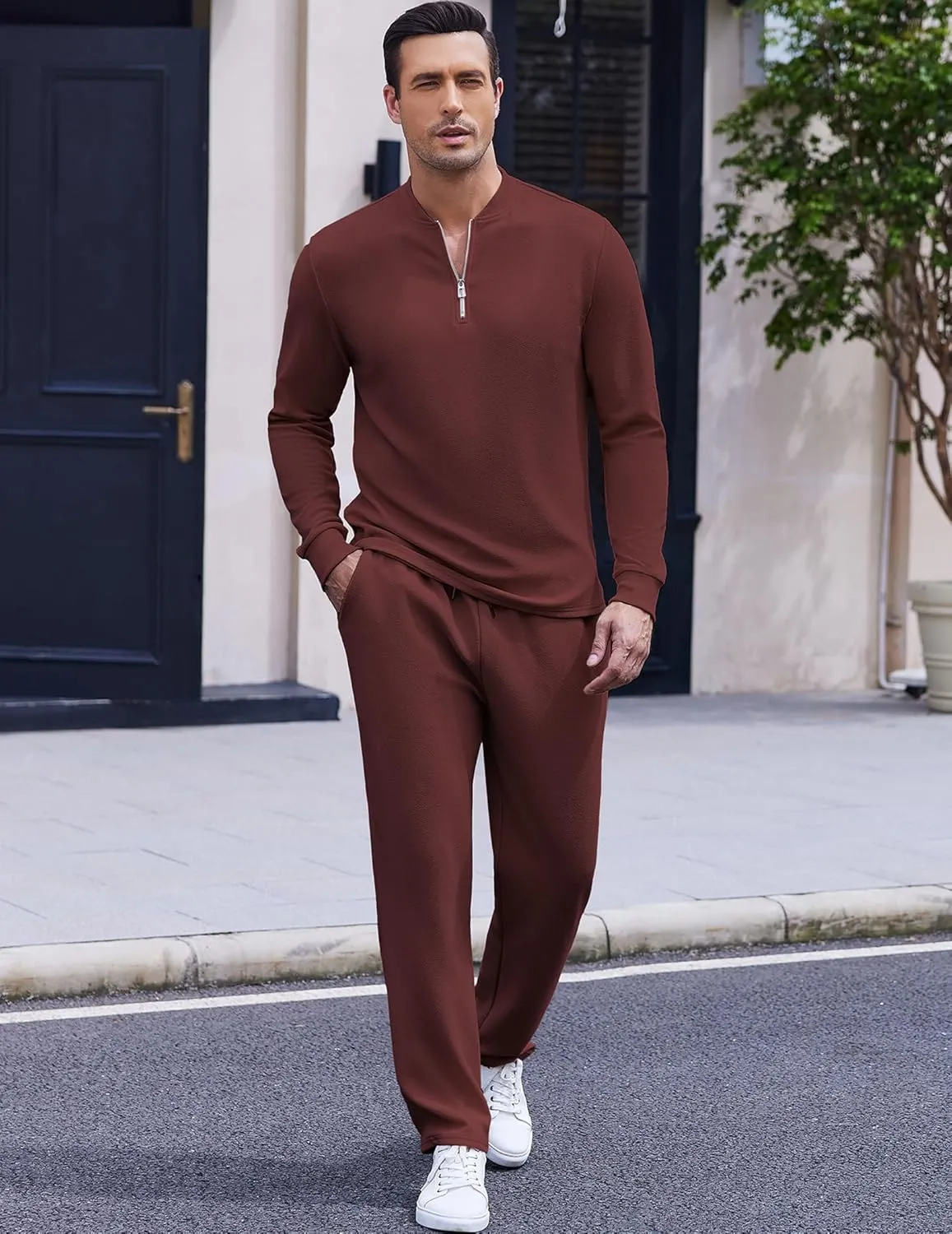 COOFANDY Men's 2 Piece Tracksuit Set Polo Athletic Sweatsuit Quarter Zip Jogging Long Sleeve Casual Sports Outfits