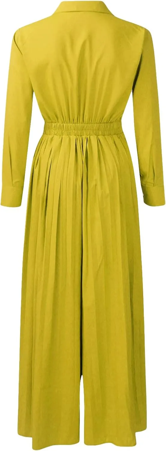 Elegant Jumpsuits for Women Formal Deep V-Neck Jumpsuit High Waisted Long Sleeve Lapel Collar Romper with Pockets