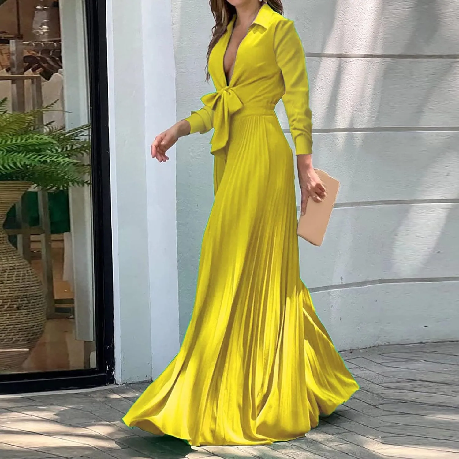 Elegant Jumpsuits for Women Formal Deep V-Neck Jumpsuit High Waisted Long Sleeve Lapel Collar Romper with Pockets
