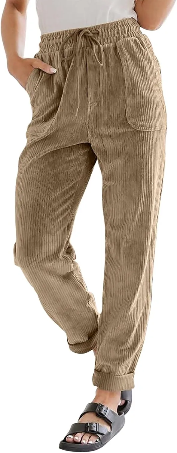 eoeioa Corduroy Pants Women High Waisted Straight Leg Trousers Baggy Comfy Stretch Drawstring Business Work Pants with Pocket