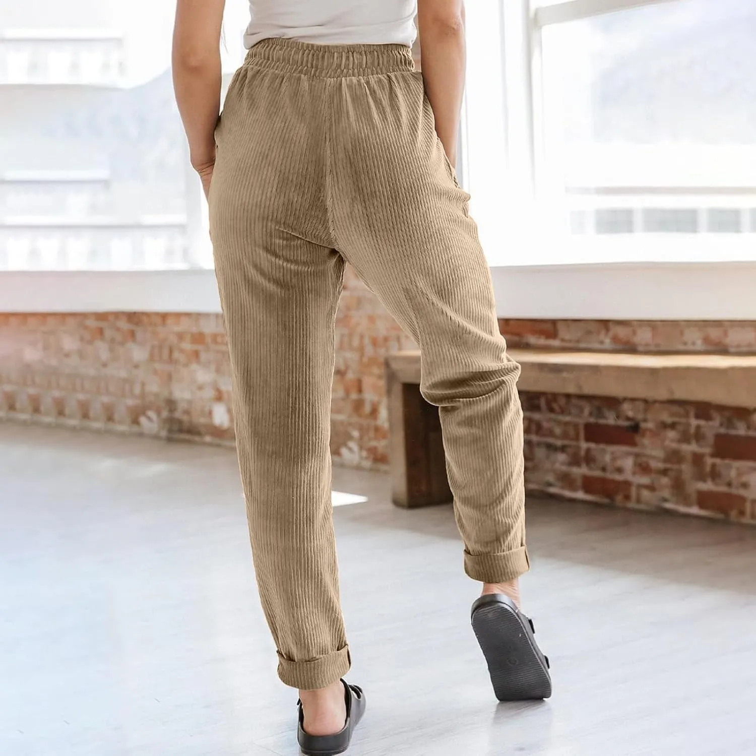 eoeioa Corduroy Pants Women High Waisted Straight Leg Trousers Baggy Comfy Stretch Drawstring Business Work Pants with Pocket