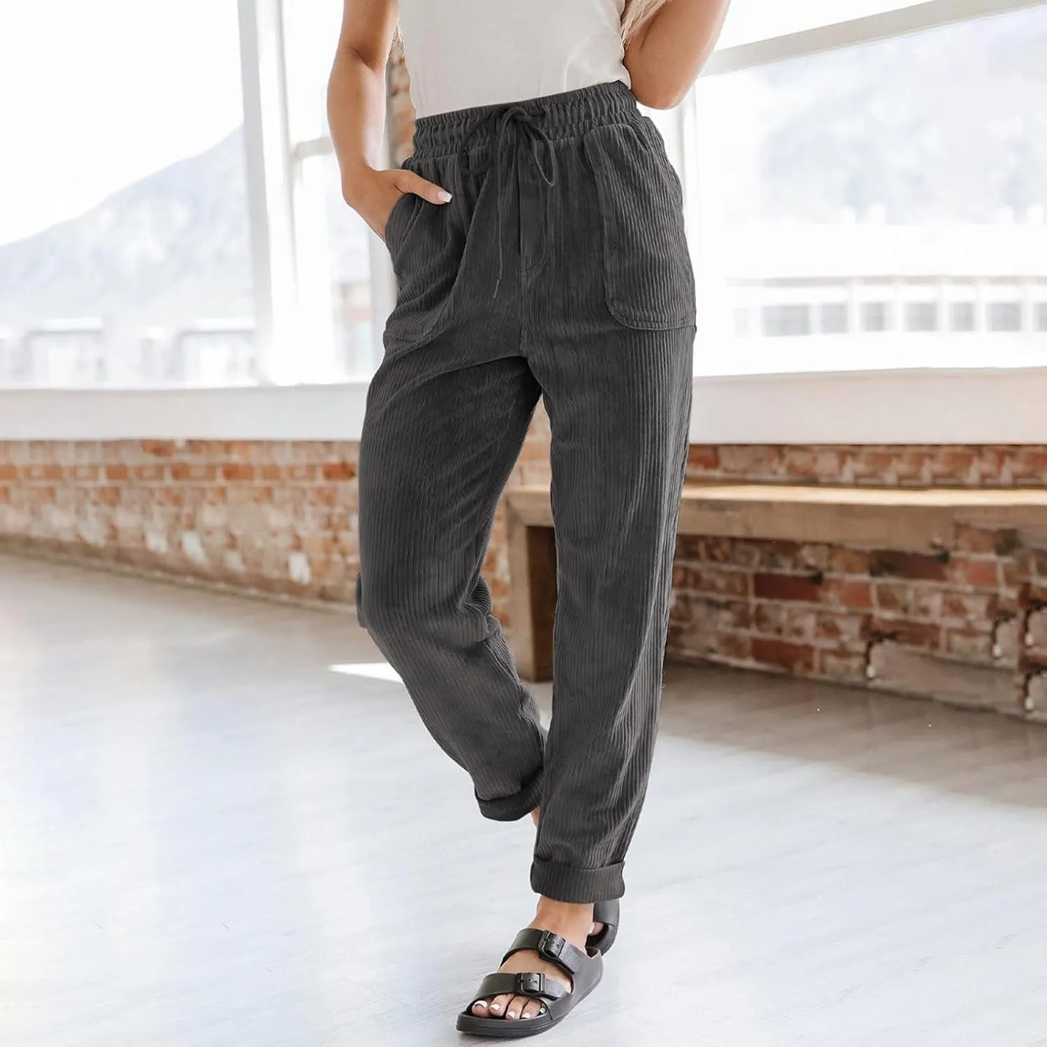 eoeioa Corduroy Pants Women High Waisted Straight Leg Trousers Baggy Comfy Stretch Drawstring Business Work Pants with Pocket