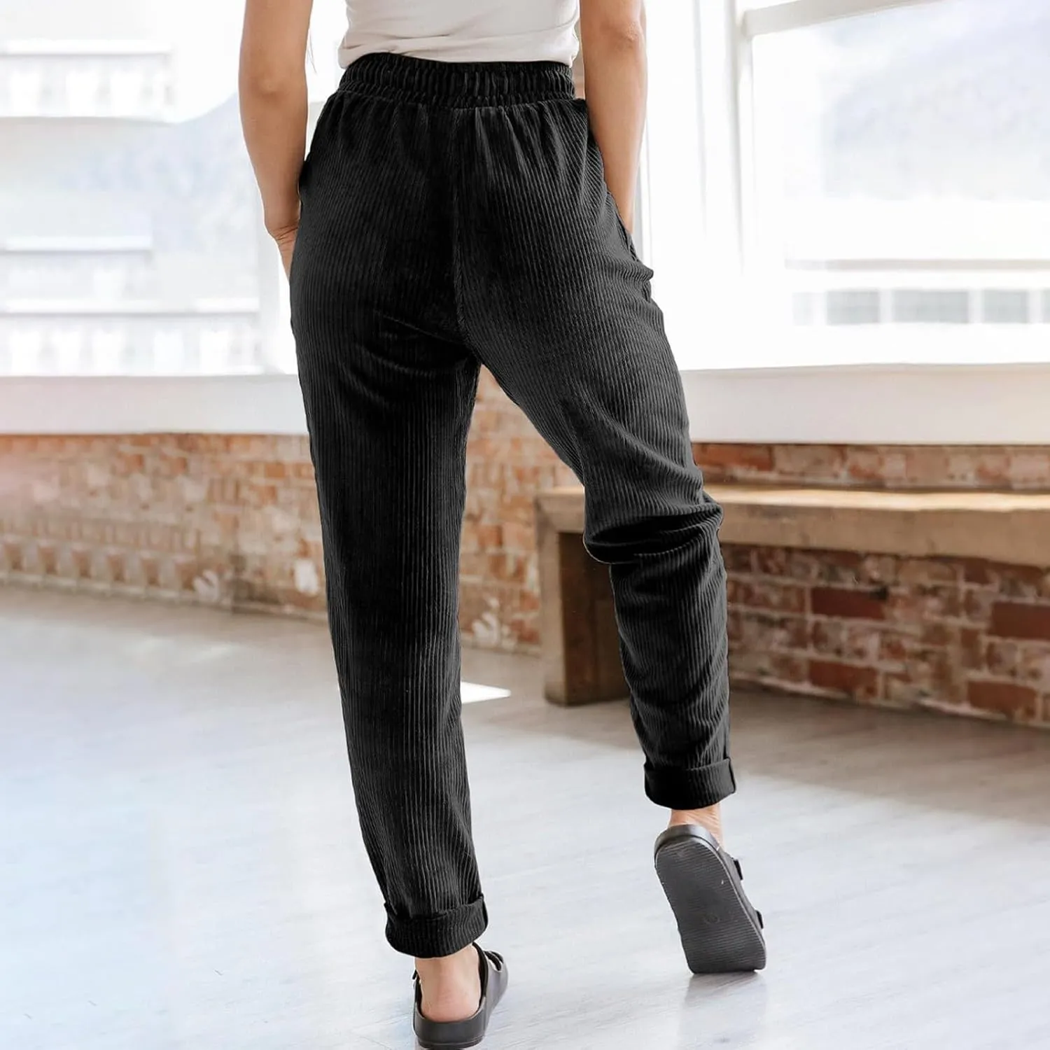 eoeioa Corduroy Pants Women High Waisted Straight Leg Trousers Baggy Comfy Stretch Drawstring Business Work Pants with Pocket