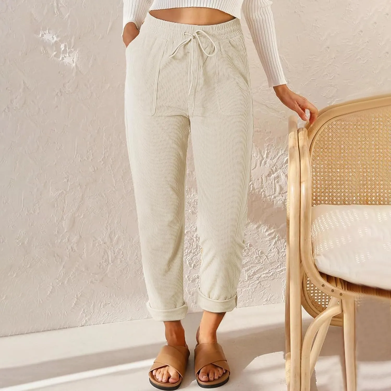 eoeioa Corduroy Pants Women High Waisted Straight Leg Trousers Baggy Comfy Stretch Drawstring Business Work Pants with Pocket