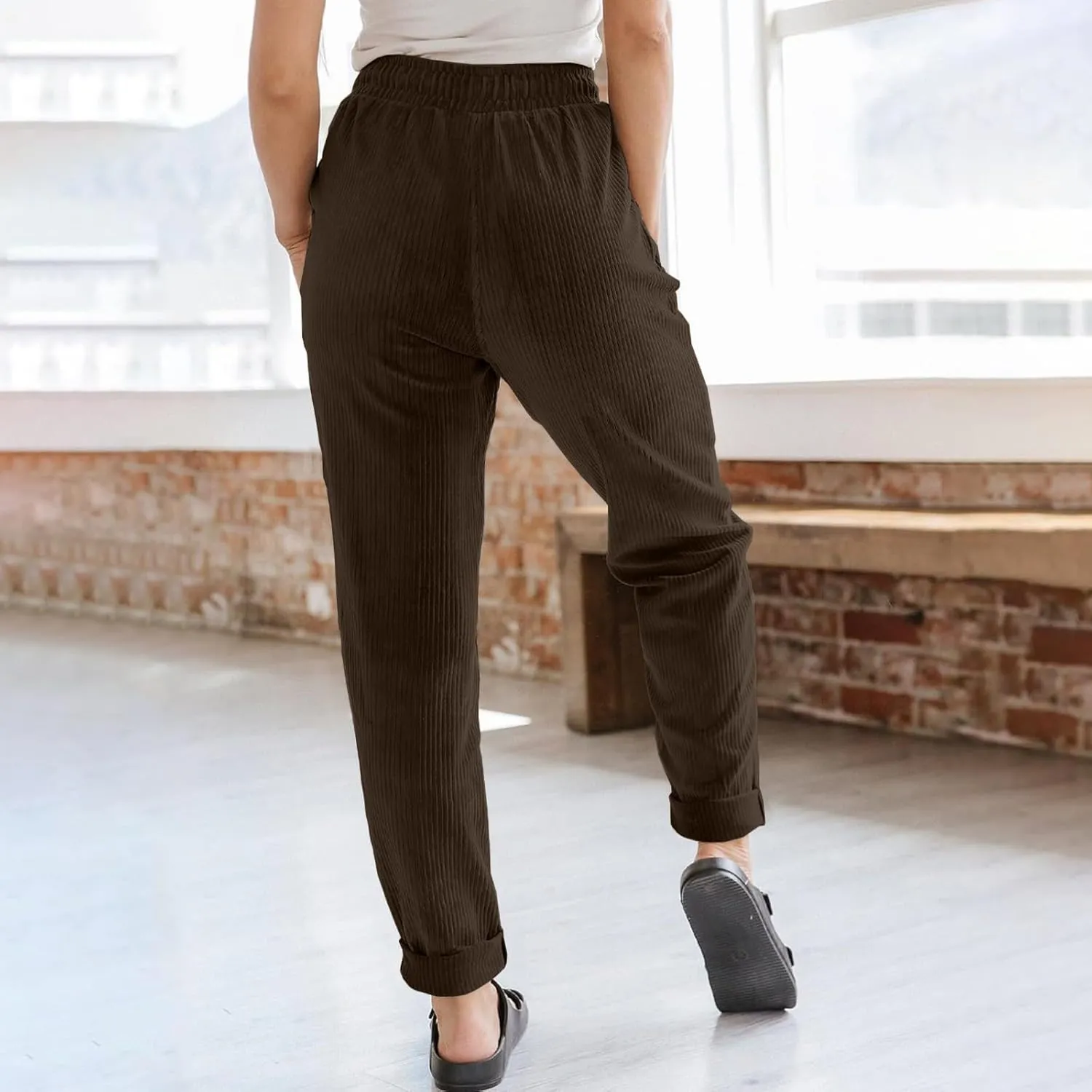 eoeioa Corduroy Pants Women High Waisted Straight Leg Trousers Baggy Comfy Stretch Drawstring Business Work Pants with Pocket
