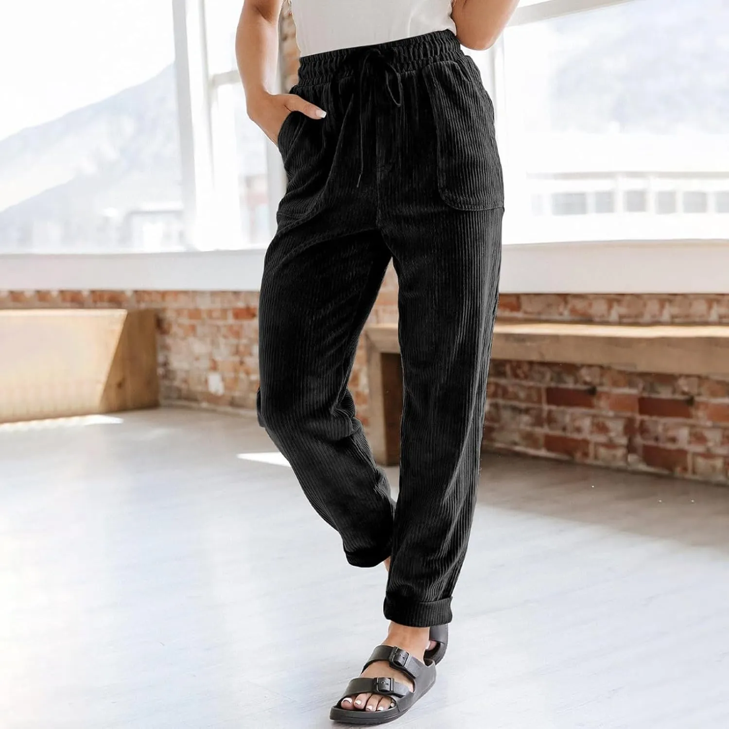 eoeioa Corduroy Pants Women High Waisted Straight Leg Trousers Baggy Comfy Stretch Drawstring Business Work Pants with Pocket