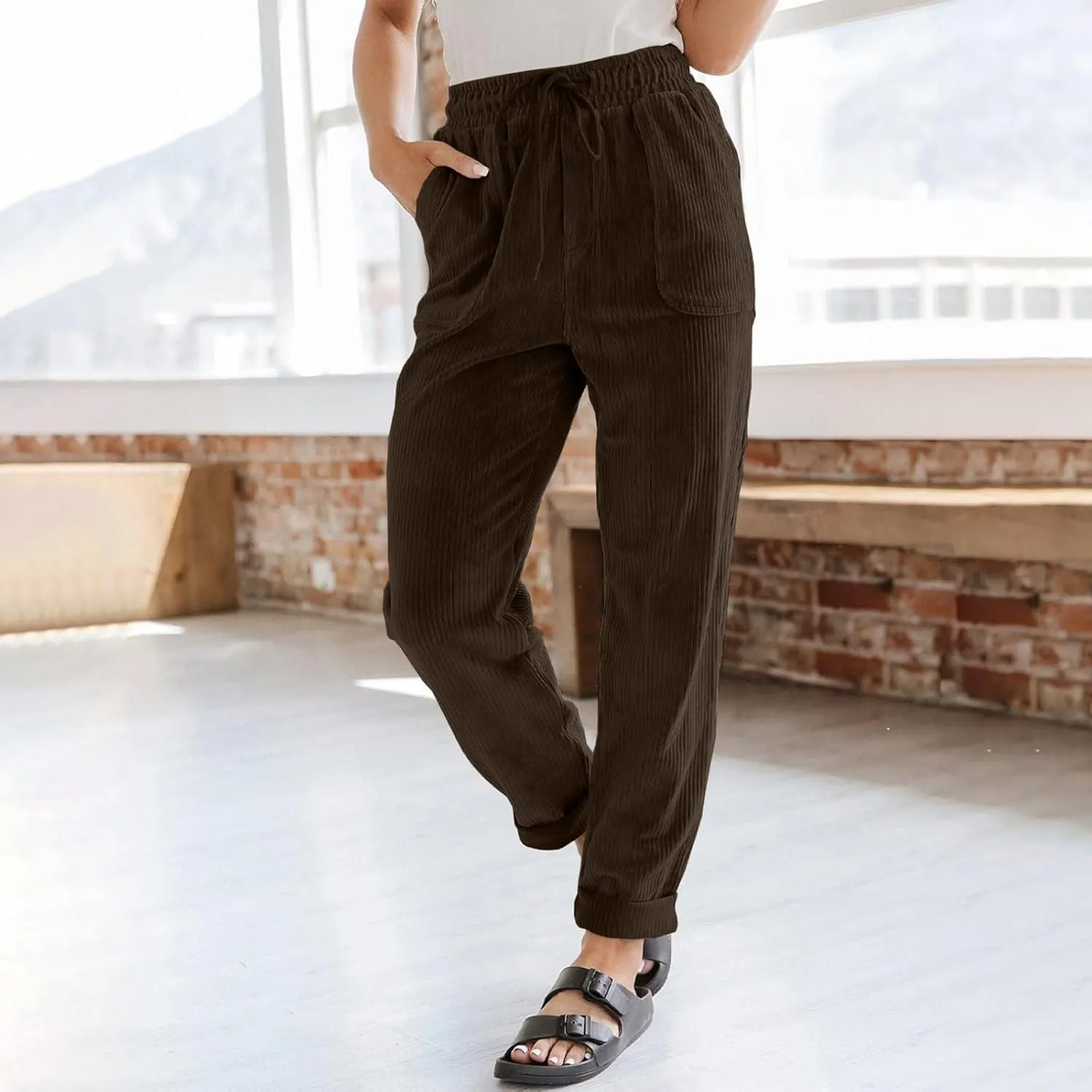 eoeioa Corduroy Pants Women High Waisted Straight Leg Trousers Baggy Comfy Stretch Drawstring Business Work Pants with Pocket