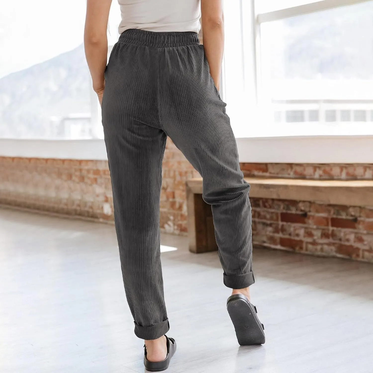 eoeioa Corduroy Pants Women High Waisted Straight Leg Trousers Baggy Comfy Stretch Drawstring Business Work Pants with Pocket