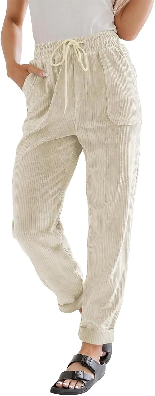 eoeioa Corduroy Pants Women High Waisted Straight Leg Trousers Baggy Comfy Stretch Drawstring Business Work Pants with Pocket