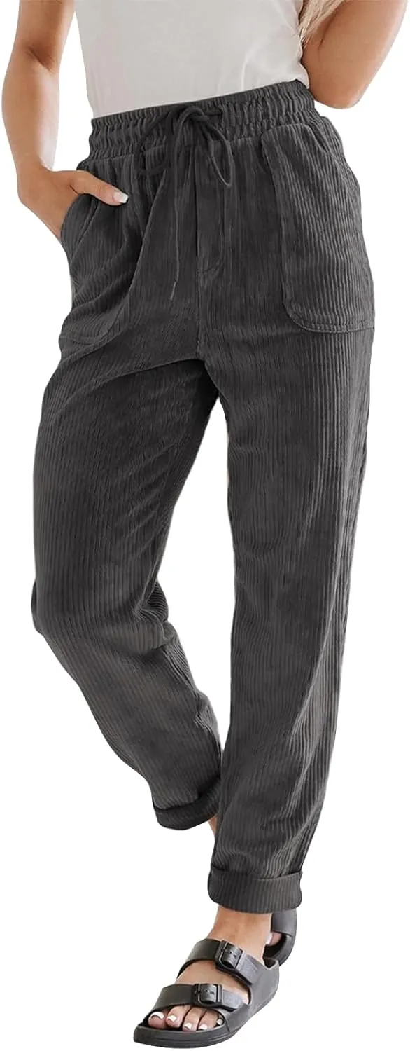 eoeioa Corduroy Pants Women High Waisted Straight Leg Trousers Baggy Comfy Stretch Drawstring Business Work Pants with Pocket