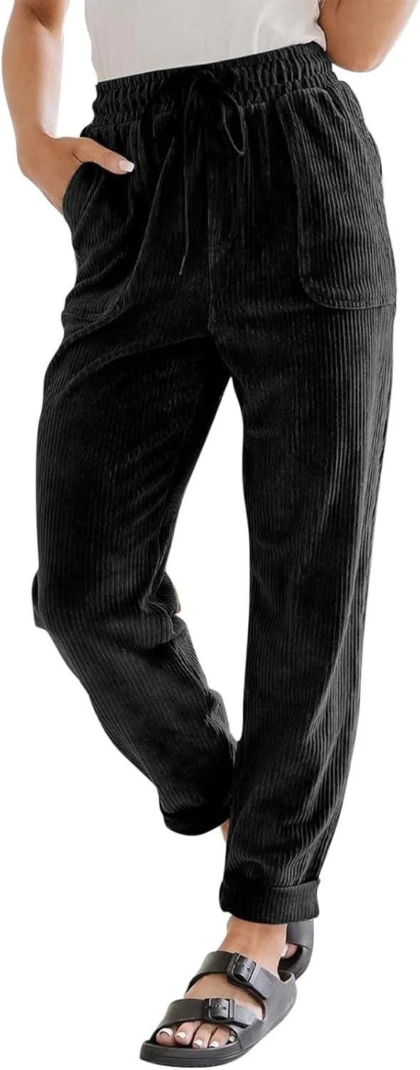 eoeioa Corduroy Pants Women High Waisted Straight Leg Trousers Baggy Comfy Stretch Drawstring Business Work Pants with Pocket
