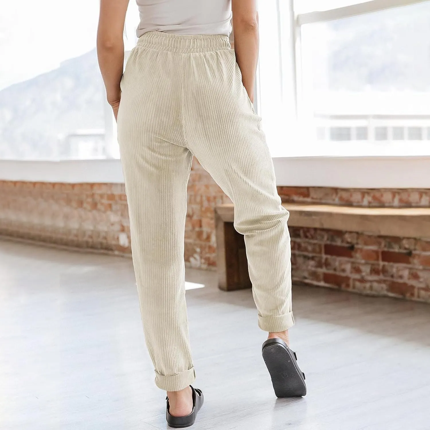 eoeioa Corduroy Pants Women High Waisted Straight Leg Trousers Baggy Comfy Stretch Drawstring Business Work Pants with Pocket