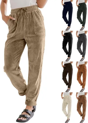 eoeioa Corduroy Pants Women High Waisted Straight Leg Trousers Baggy Comfy Stretch Drawstring Business Work Pants with Pocket