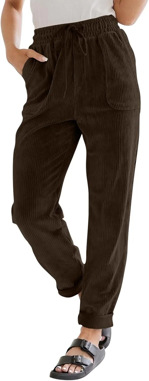 eoeioa Corduroy Pants Women High Waisted Straight Leg Trousers Baggy Comfy Stretch Drawstring Business Work Pants with Pocket