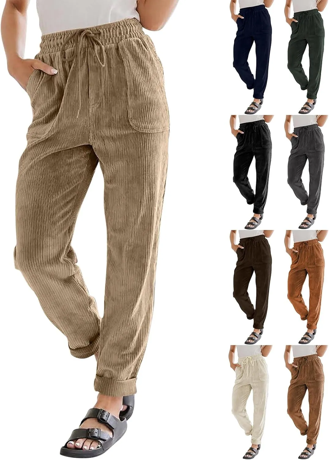 eoeioa Corduroy Pants Women High Waisted Straight Leg Trousers Baggy Comfy Stretch Drawstring Business Work Pants with Pocket