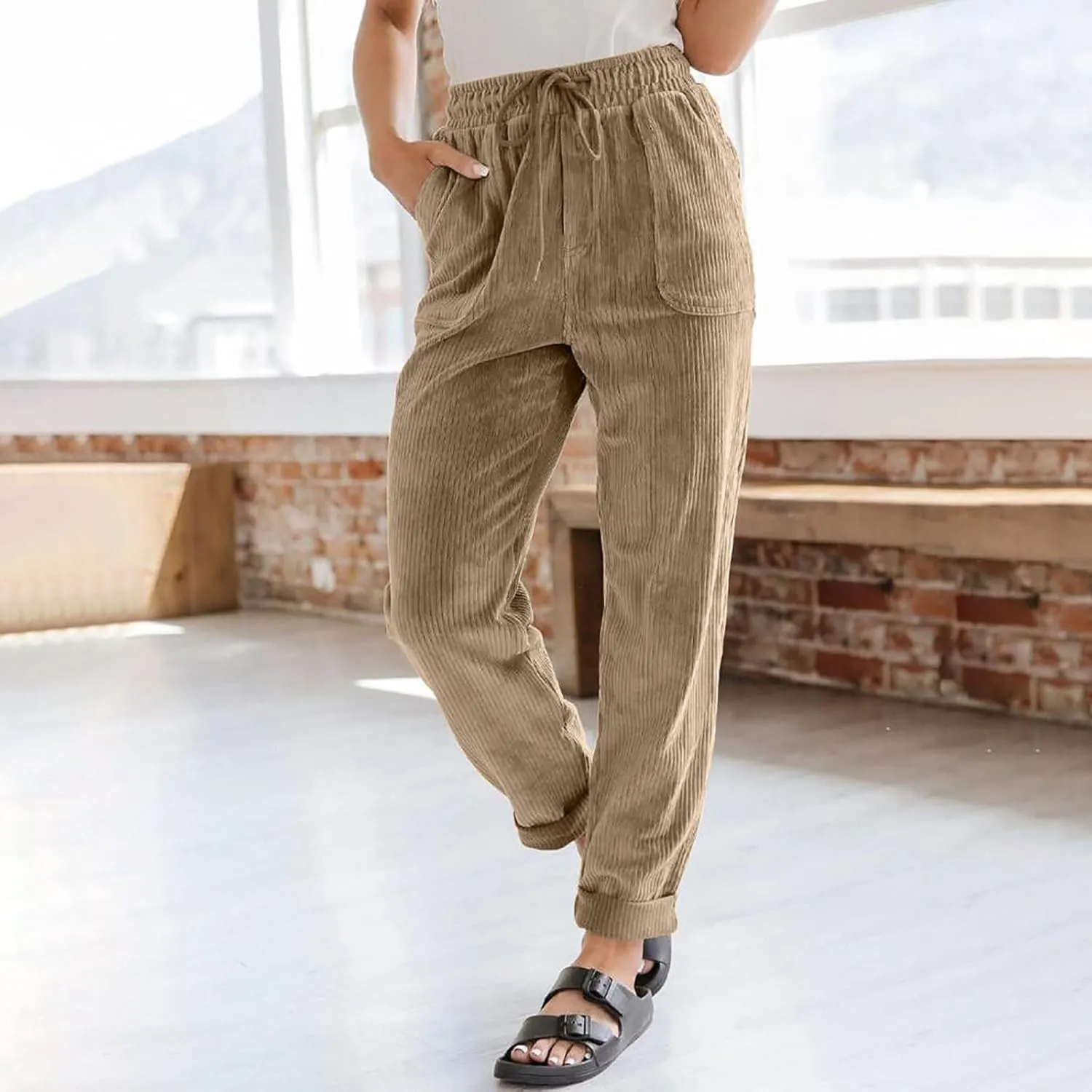 eoeioa Corduroy Pants Women High Waisted Straight Leg Trousers Baggy Comfy Stretch Drawstring Business Work Pants with Pocket