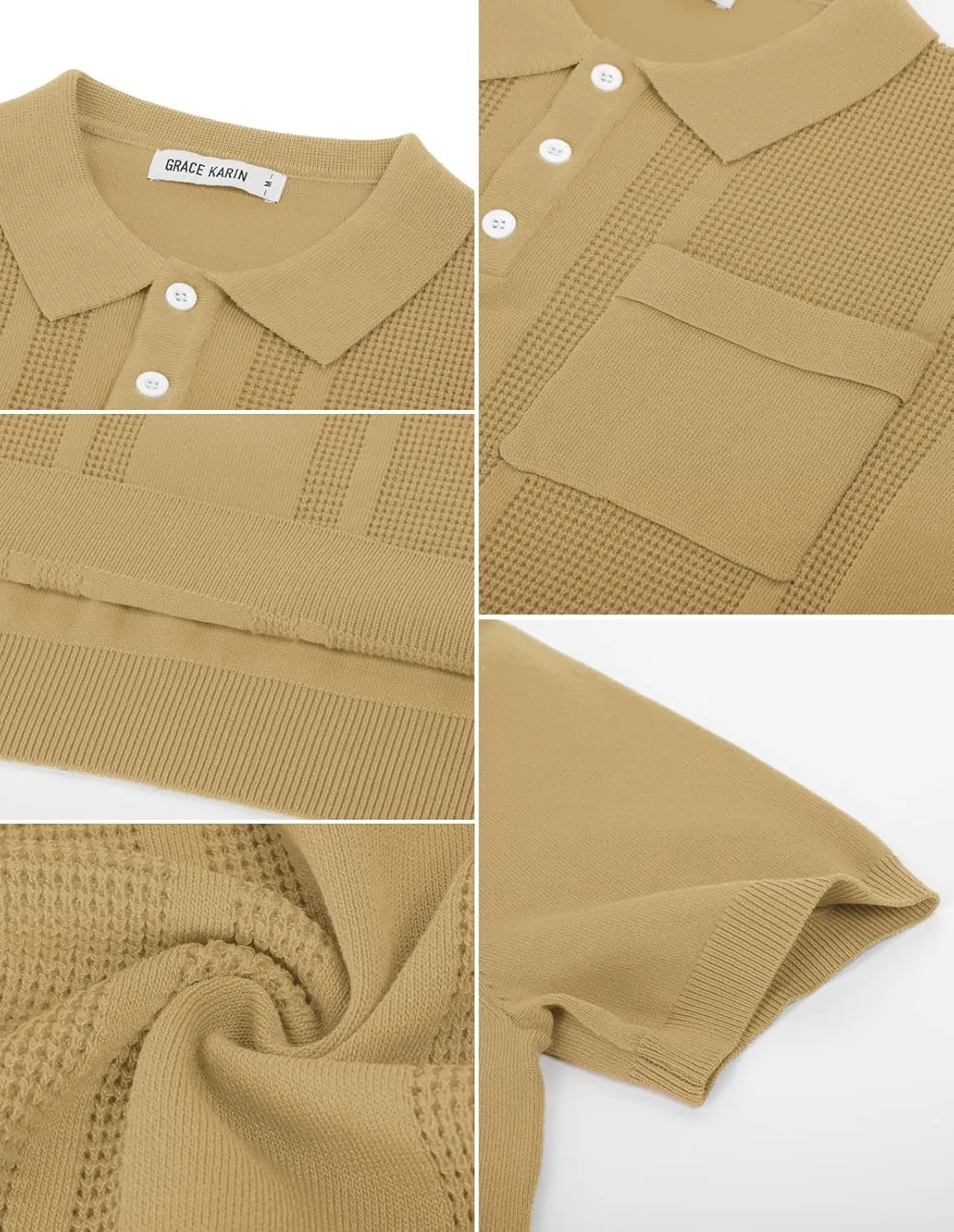 GRACE KARIN Men's Knit Polo Shirts Short Sleeve Texture Lightweight Golf Shirts Sweater